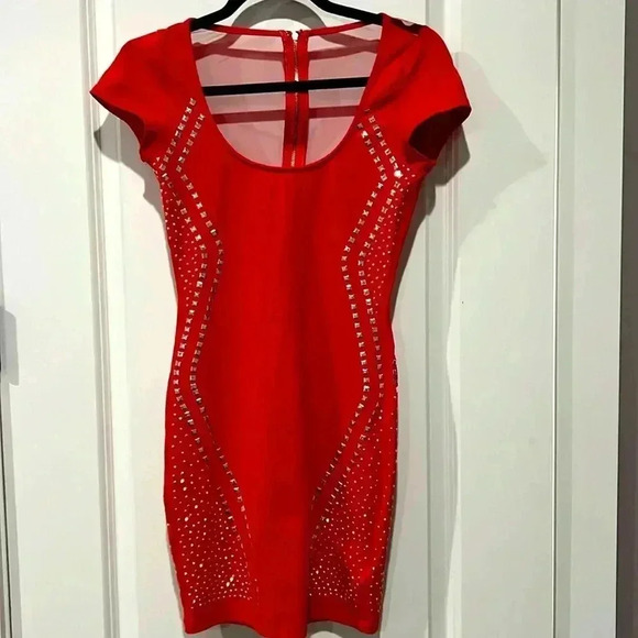 BEBE RED STUDDED PARTY DRESS - Picture 3 of 7